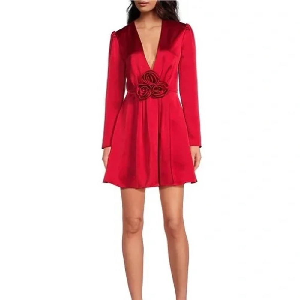 Gianni Bini 
Bastian Satin V-Neck Rosette Long Sleeve A-Line Dress NWT